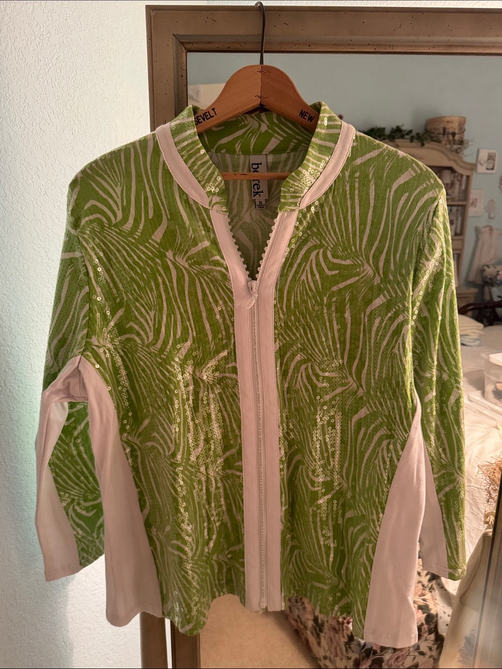 berek Green Zebra-Print Zip-Front Utility Jacket with Pale Pink Trim